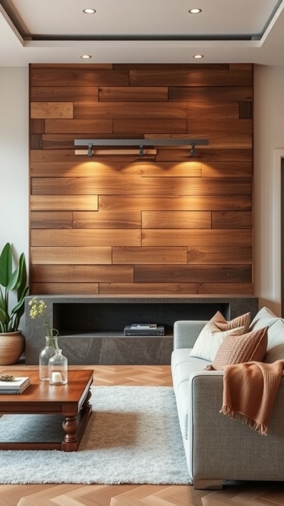 A cozy living room featuring rustic wall art with integrated lighting, showcasing wooden panels and soft lighting.
