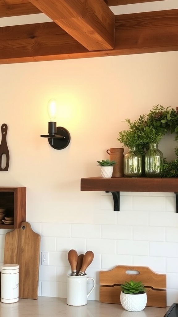 Rustic wall sconce illuminating a kitchen wall with wooden cabinets.