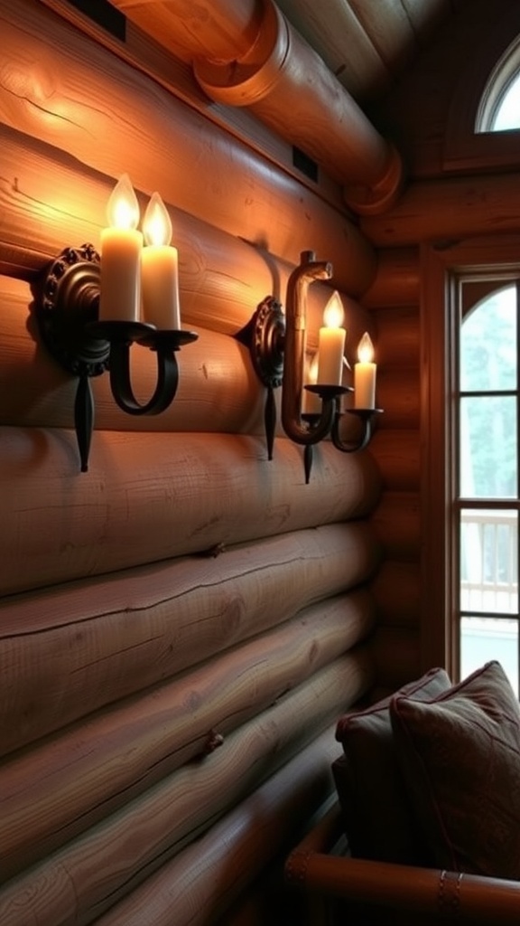Two rustic wall sconces with candles mounted on a wooden wall.