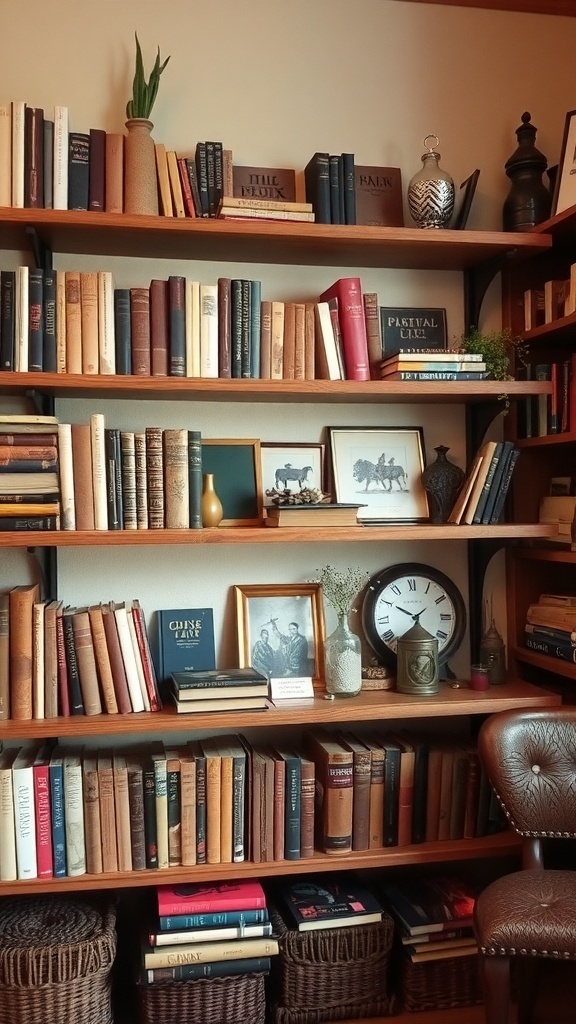 A rustic wall shelf filled with vintage books, decorative items, and a cozy chair.