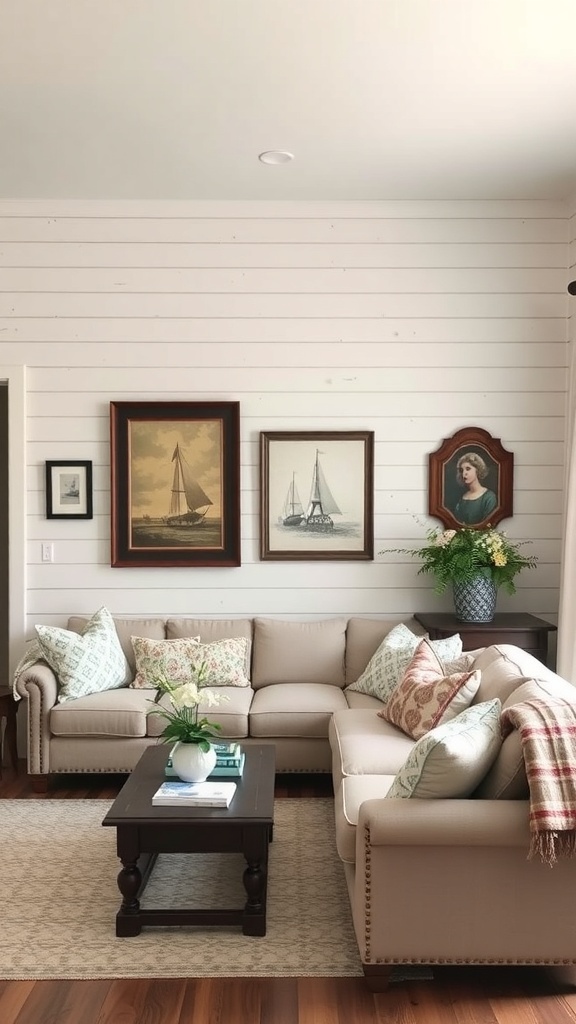 A cozy rustic French country living room featuring shiplap walls and vintage framed art.