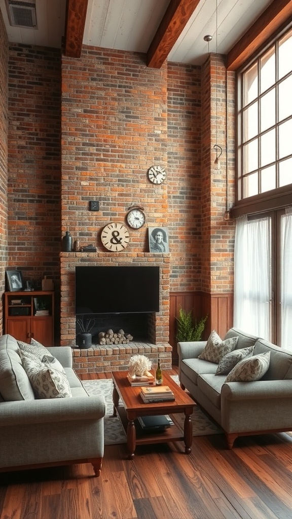 A cozy living room featuring exposed brick walls, wooden beams, and comfortable furniture.