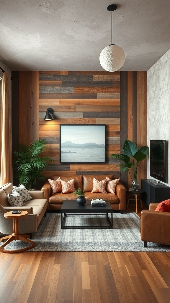 A rustic living room with wooden wall treatments and cozy furniture.