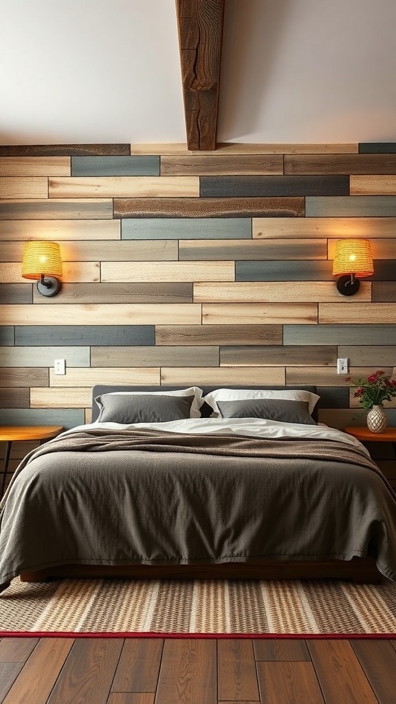 A rustic bedroom featuring a wooden wall treatment with warm lighting.