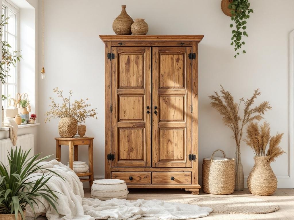 A rustic wooden wardrobe with natural finish, surrounded by plants and cozy textiles in a bright bedroom.