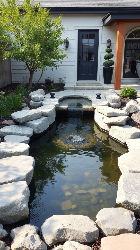A serene rustic water feature with stones and plants in a modern farmhouse backyard.