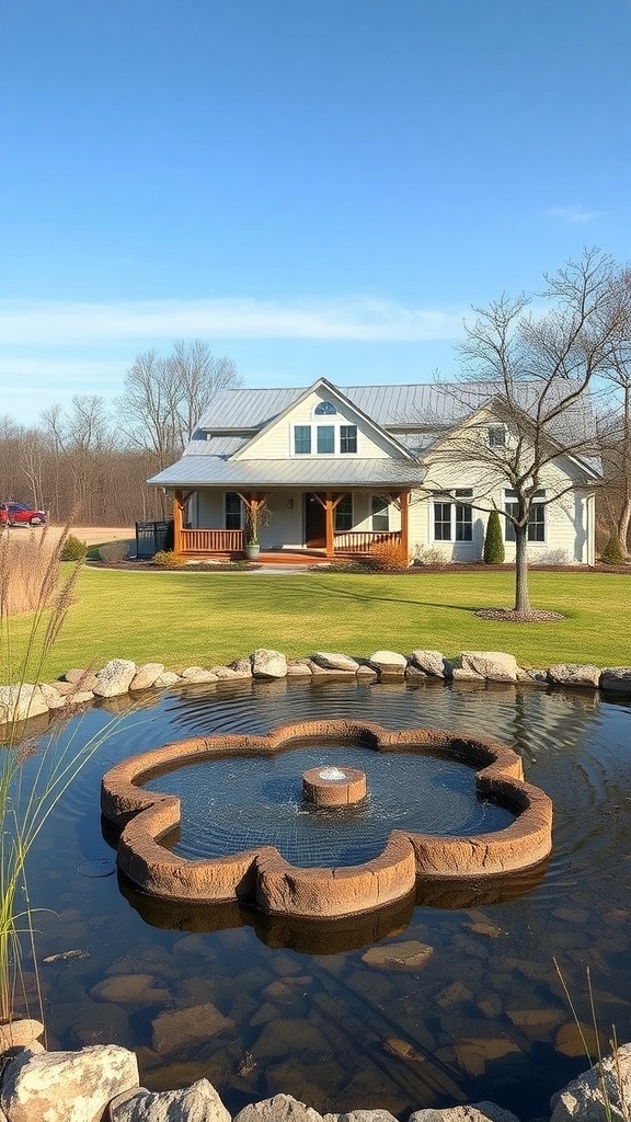 A modern farmhouse with a rustic pond featuring a flower-shaped water fountain.