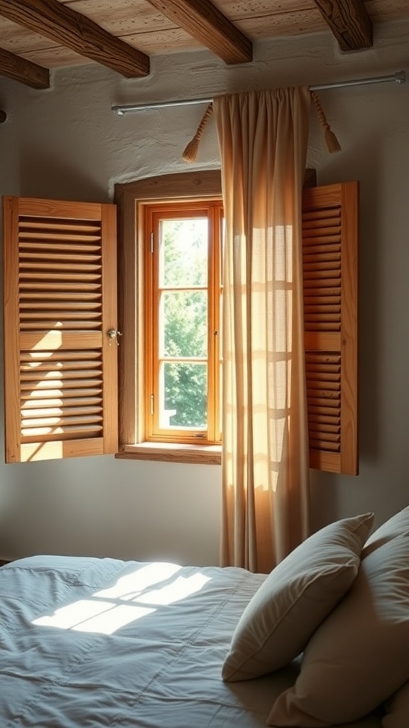 A rustic bedroom window with wooden shutters and soft curtains.