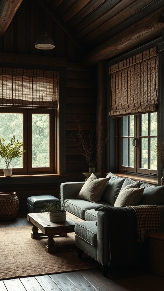 A dark rustic living room featuring natural bamboo shades and cozy furnishings.