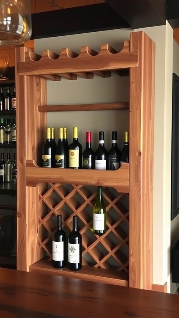 A rustic wooden wine rack displaying various bottles of wine.