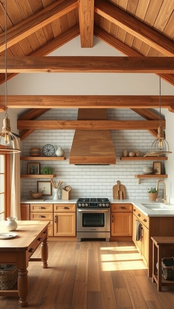 A modern farmhouse kitchen featuring rustic wood accents and beams.
