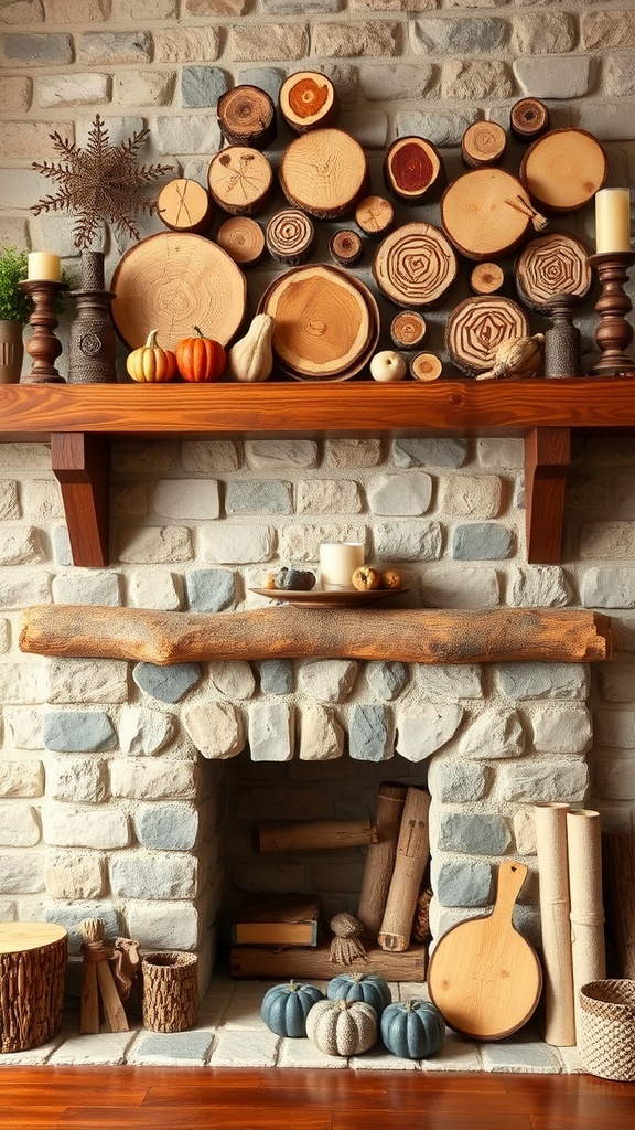 A rustic mantel decorated with wooden slices, pumpkins, and candles, showcasing a cozy fall theme.