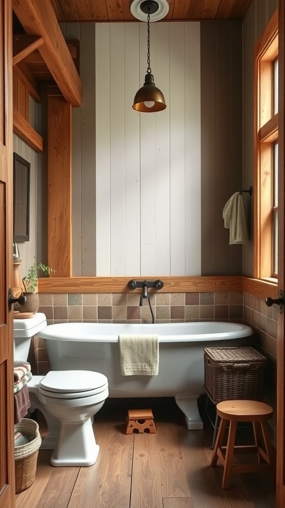 A modern farmhouse bathroom featuring rustic wood accents, including wooden beams, a vintage-style bathtub, and warm lighting.