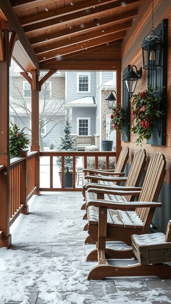 A winter porch featuring rustic wood furniture and decorations.