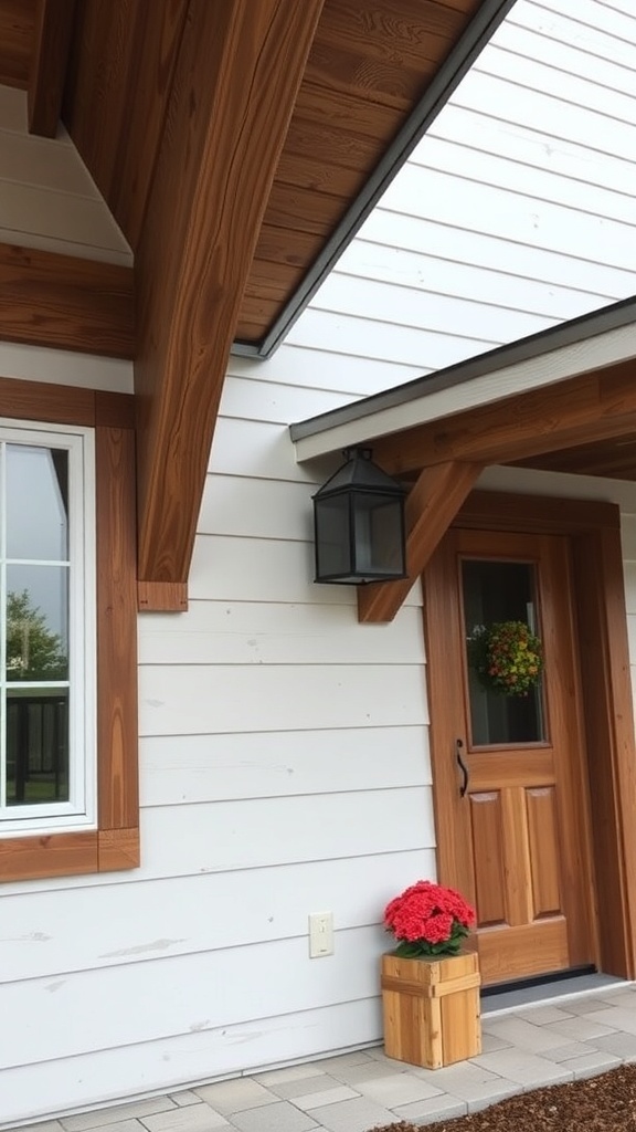 Close-up of a modern farmhouse entrance featuring rustic wood accents and shiplap siding.