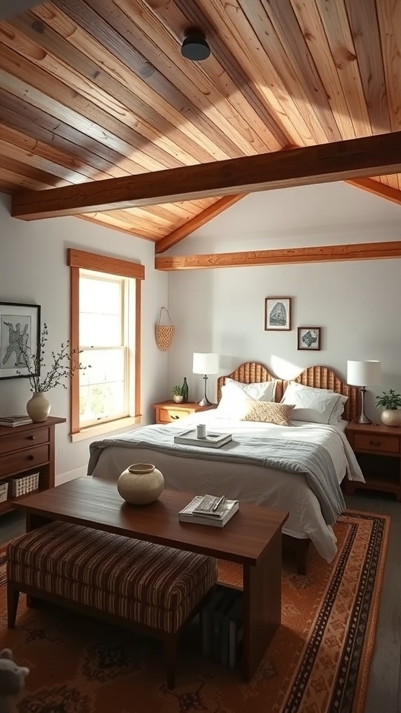 A modern farmhouse bedroom featuring rustic wood accents, including wooden beams and furniture.