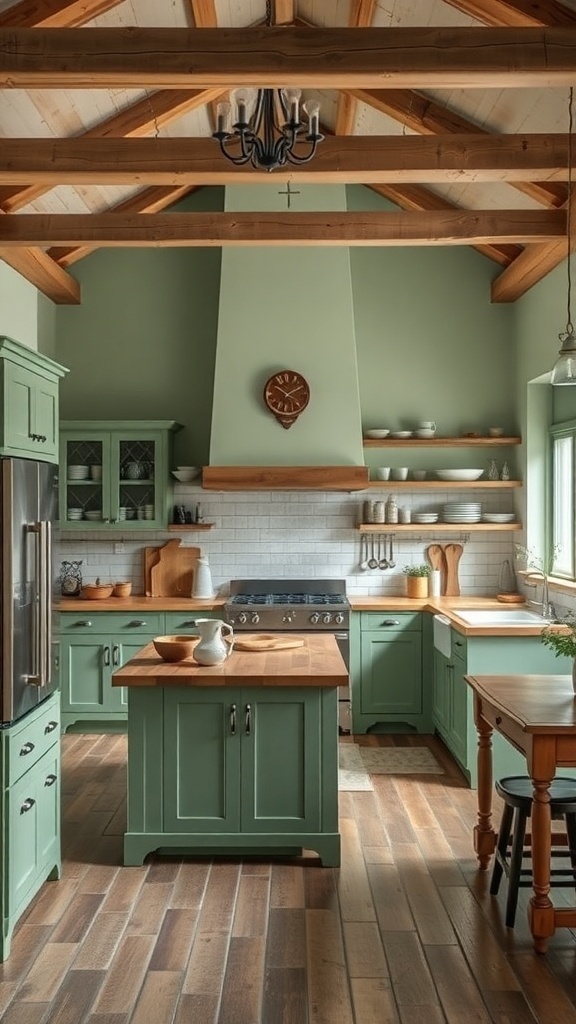 A sage green farmhouse kitchen with rustic wood accents, featuring wooden beams and countertops.