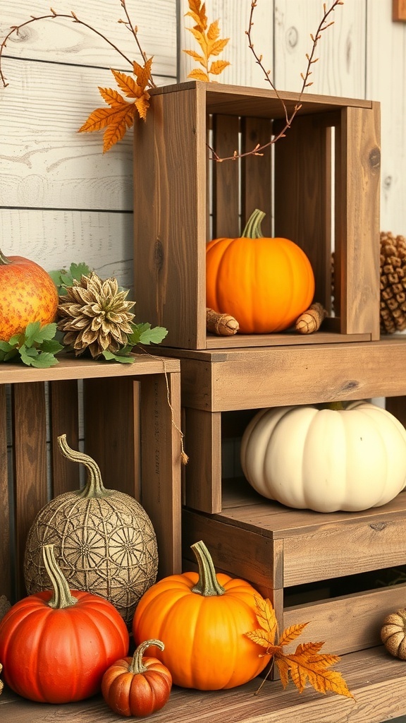 Rustic fall decor featuring wooden crates, pumpkins, and decorative signs