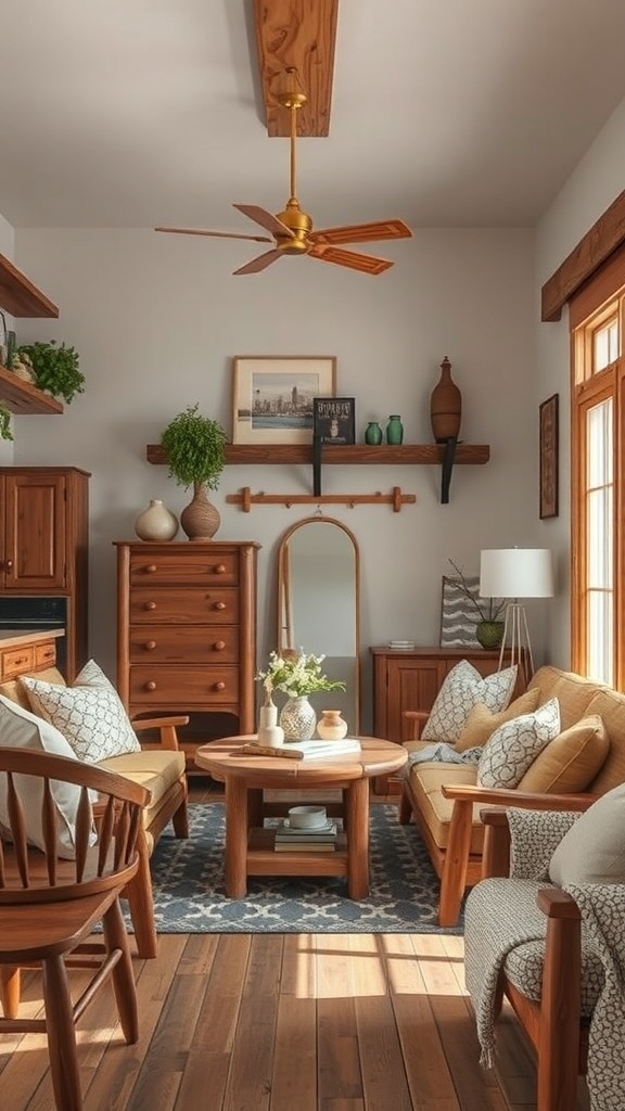 Cozy living room with rustic wood accents, featuring wooden furniture, potted plants, and warm textiles.