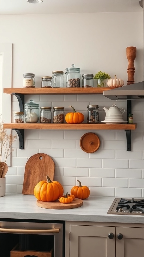 Rustic kitchen decor with wooden shelves, glass jars, and pumpkins