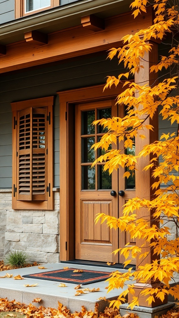 A cozy house entrance featuring a wooden door and shutters, surrounded by autumn leaves.