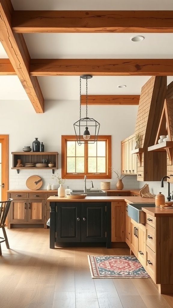 A modern farmhouse kitchen with rustic wood accents, featuring wooden beams, cabinetry, and decor.