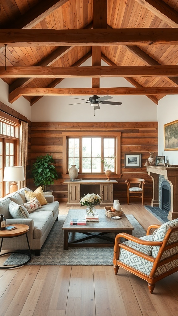 A cozy coastal farmhouse living room with rustic wood accents, featuring exposed beams, wooden furniture, and a warm color palette.