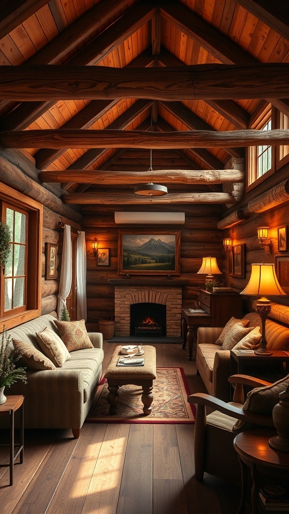 Cozy cabin interior with rustic wood accents, featuring exposed beams, wooden furniture, and warm lighting.