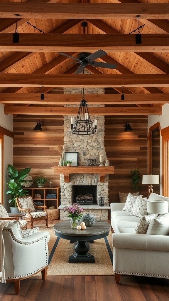 A cozy living room featuring rustic wood accents, including exposed beams and wooden walls, with comfortable seating and a stone fireplace.