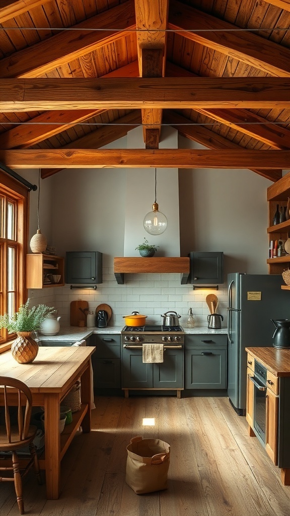 A cozy farmhouse kitchen featuring rustic wood accents, including exposed beams and wooden furniture.