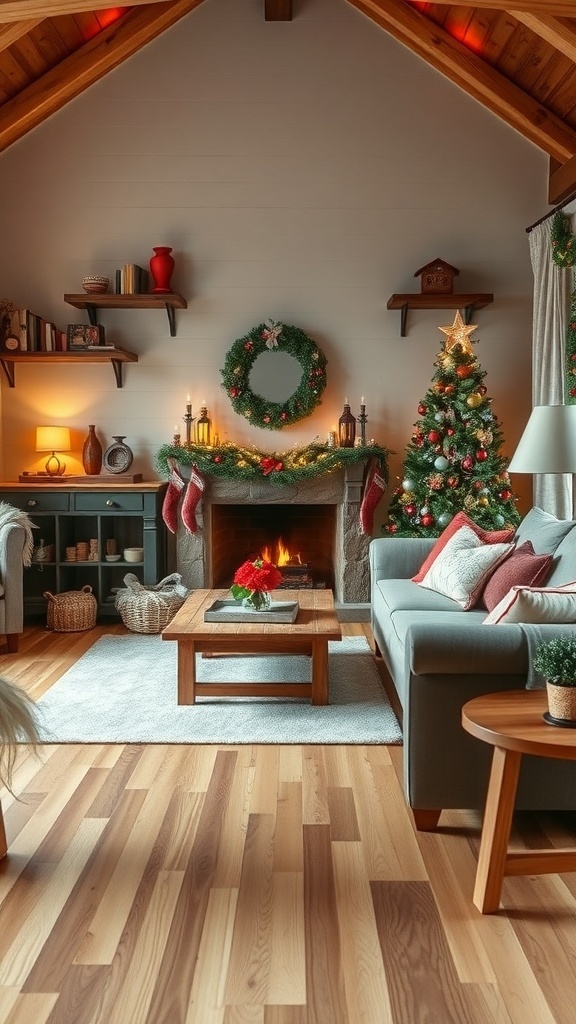 A cozy Christmas living room featuring rustic wood accents, a decorated tree, and a warm fireplace.