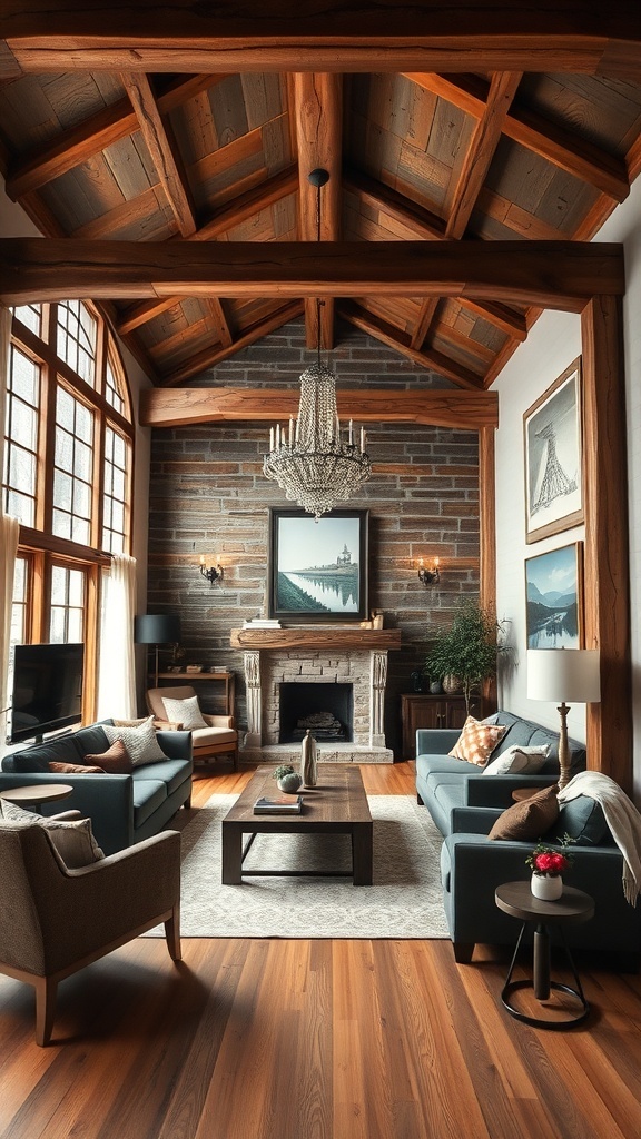 Cozy modern farmhouse living room with rustic wood accents