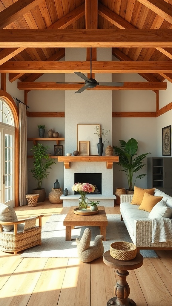 A modern cottage living room featuring rustic wood accents, including exposed beams and wooden furniture.