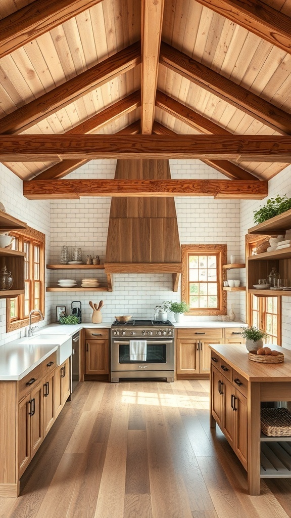 A farmhouse style kitchen featuring rustic wood accents, including wooden cabinets and exposed beams.