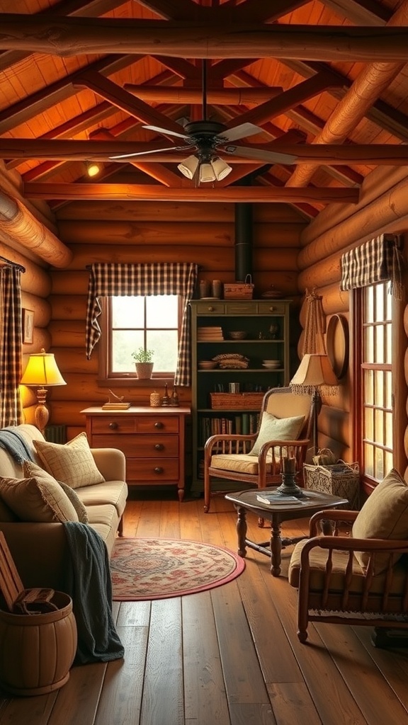 Cozy vintage cabin interior with rustic wood accents and comfortable seating.