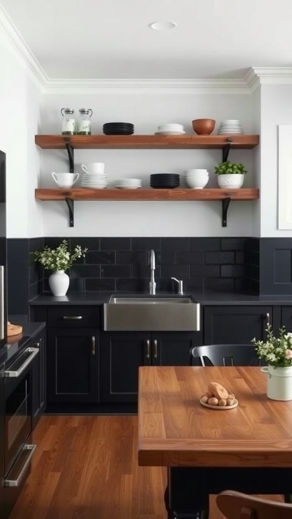 A black farmhouse kitchen featuring rustic wood accents with wooden shelves and a table.