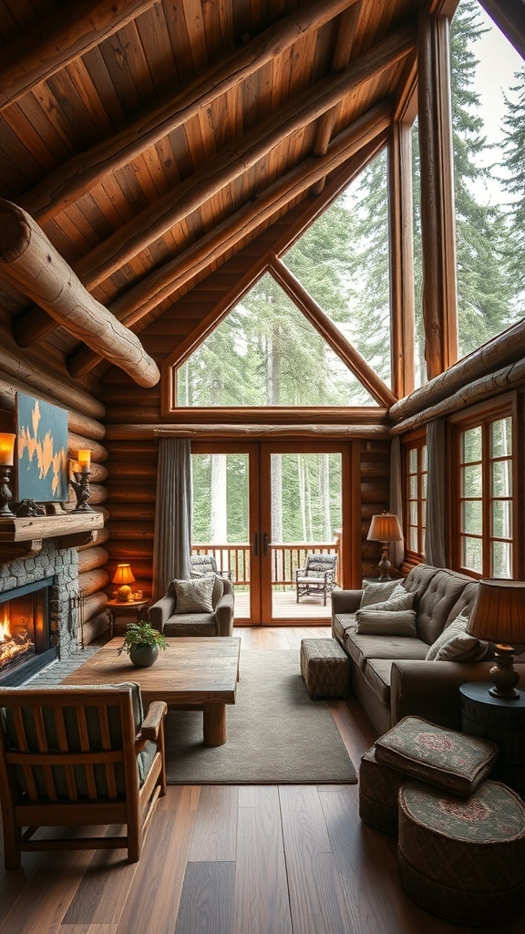 Interior of a log cabin featuring rustic wood accents, cozy furniture, and large windows