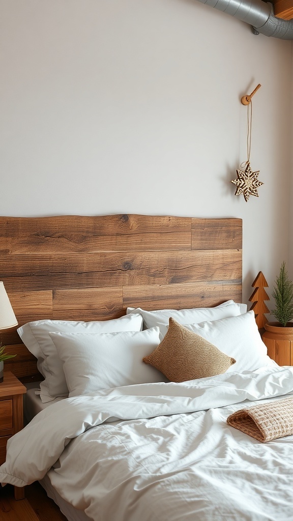 A cozy bedroom with a wooden headboard, white bedding, and rustic decor.