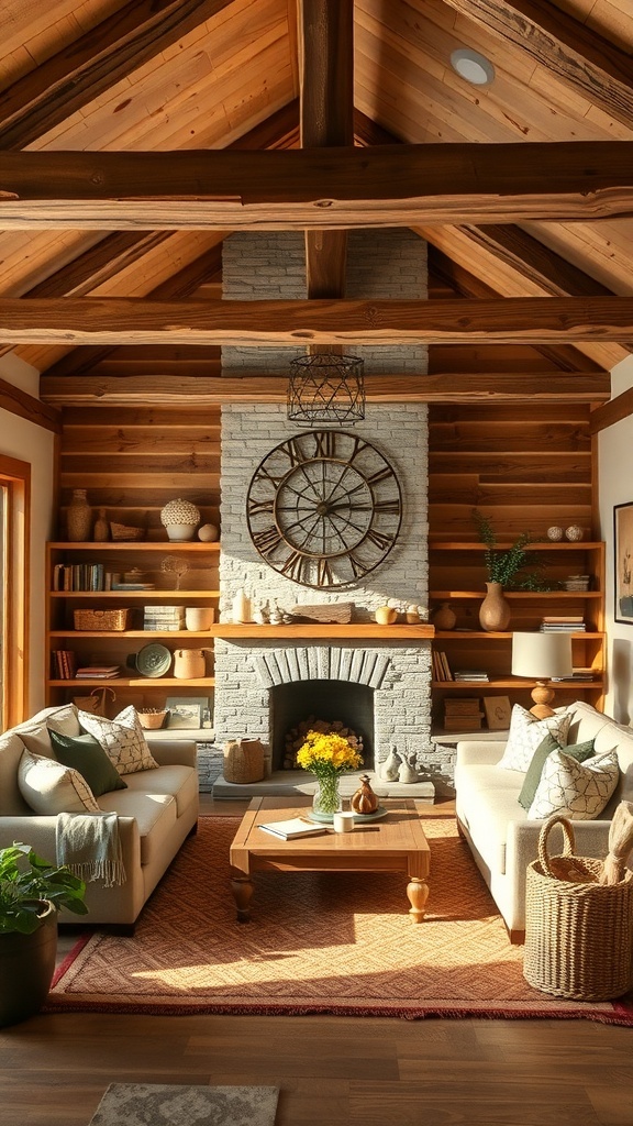 A contemporary farmhouse living room featuring rustic wood accents, including exposed beams and wooden shelves.