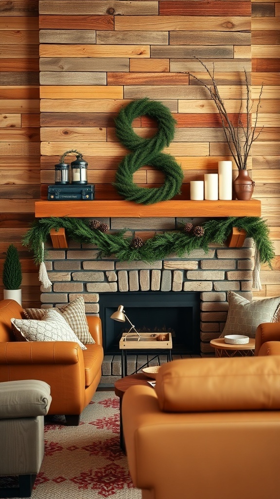 Cozy living room with rustic wood accents and Christmas decor.