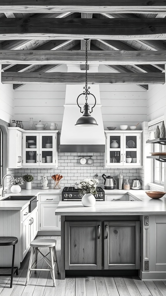 A black and white farmhouse kitchen featuring rustic wood accents.