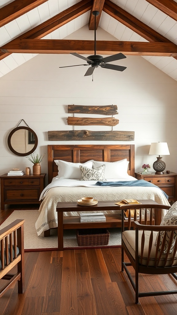 A modern farmhouse bedroom featuring rustic wood accents, including a wooden bed frame and ceiling beams.