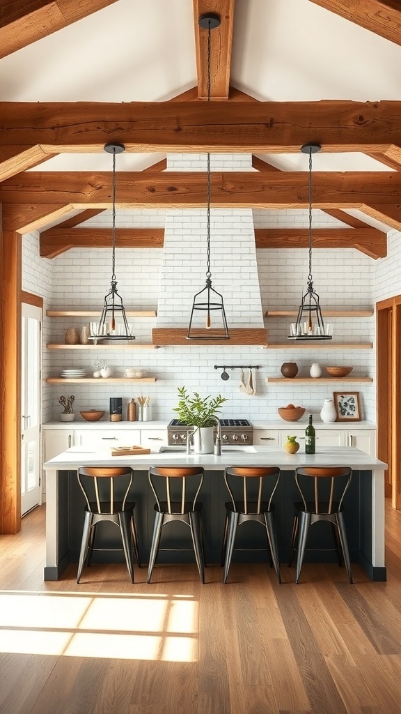A modern coastal farmhouse kitchen featuring rustic wood accents with exposed beams and wooden shelves.