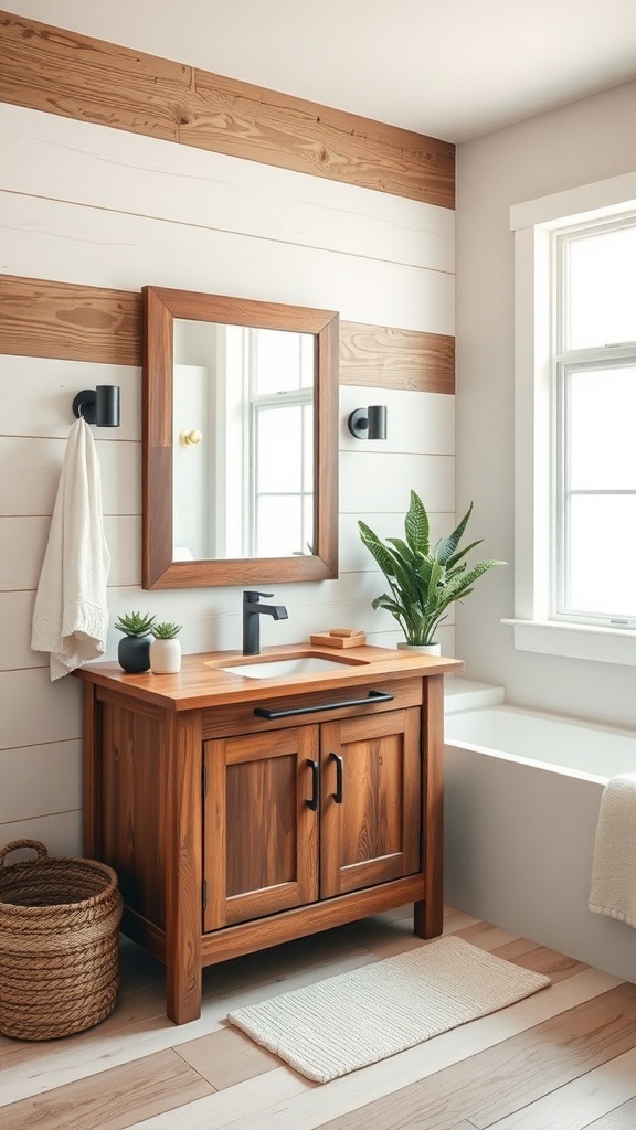 A modern farmhouse bathroom featuring rustic wood accents with a wooden vanity, shiplap walls, and plants.