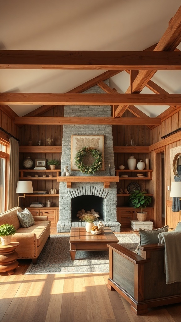 A cozy living room with rustic wood accents, featuring a fireplace and wooden furniture.