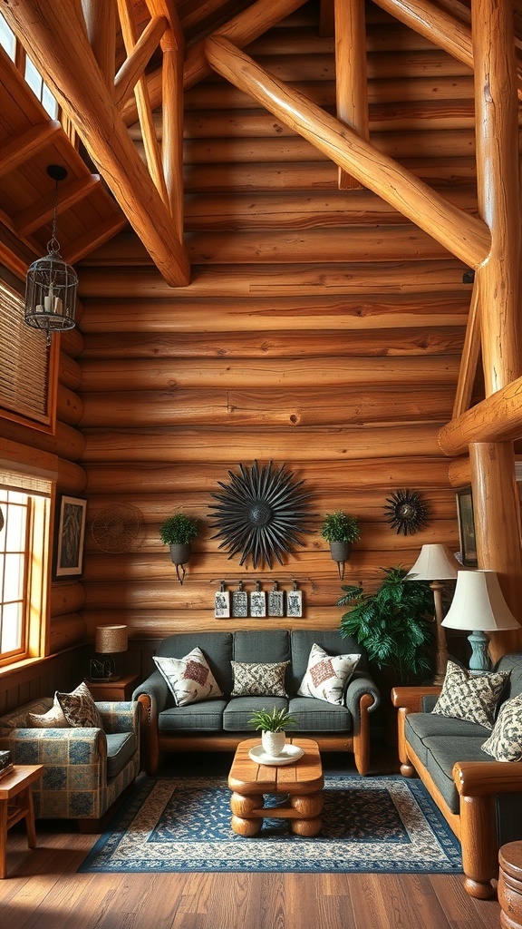 Cozy cabin interior with rustic wood accents and comfortable seating.
