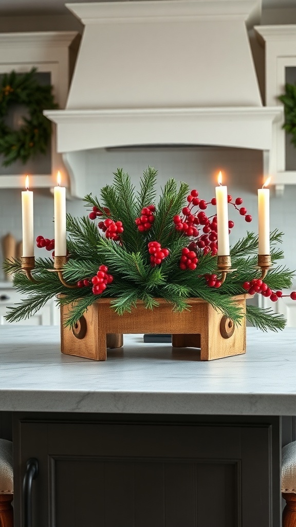 A rustic wood centerpiece with greenery and red berries on a kitchen island.