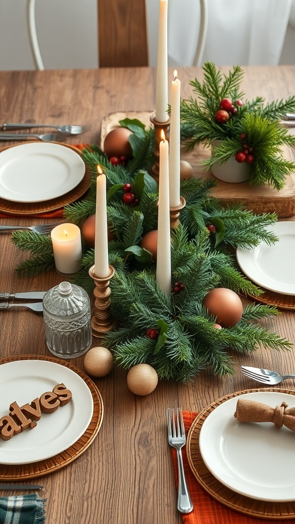 A rustic Christmas table setting with greenery, candles, and wooden accents.