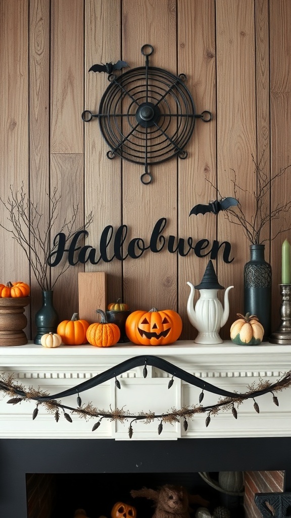 A rustic Halloween mantle decorated with pumpkins, a black metal spider web, and wooden paneling.