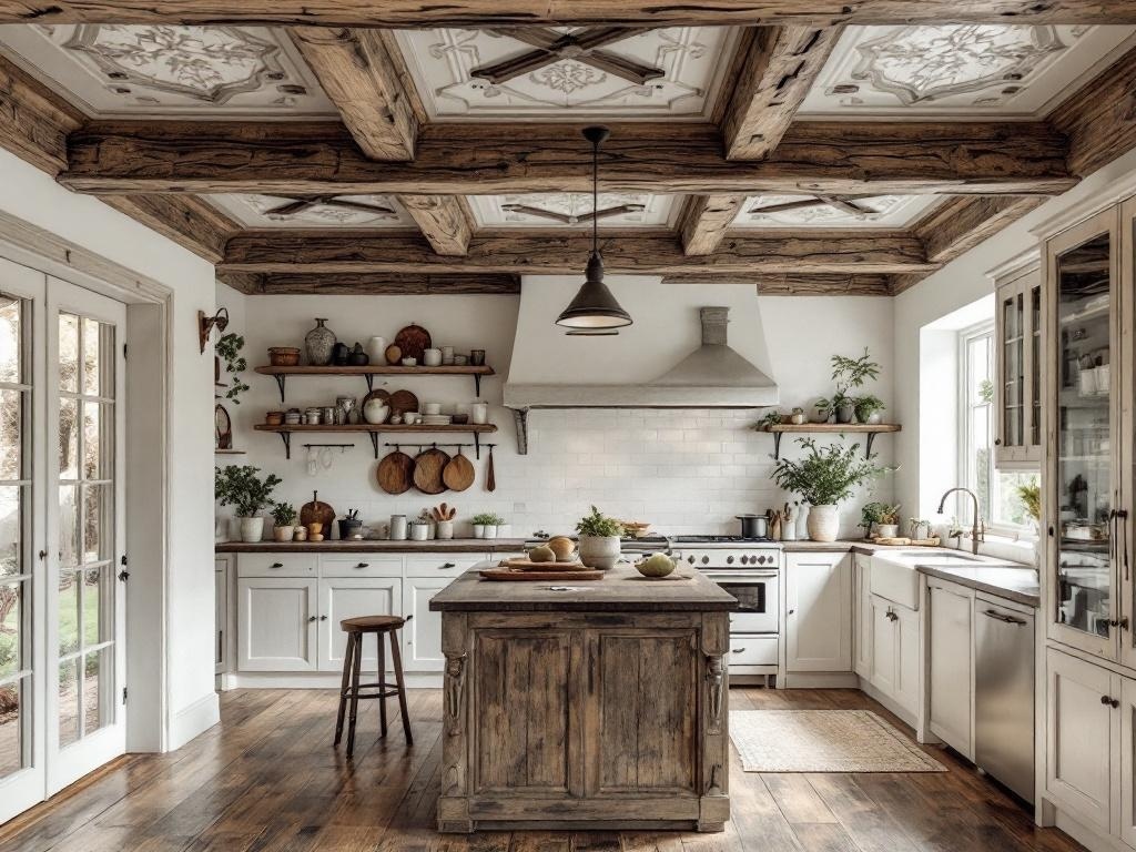 A cozy kitchen featuring rustic wood beams and detailed ceiling designs.